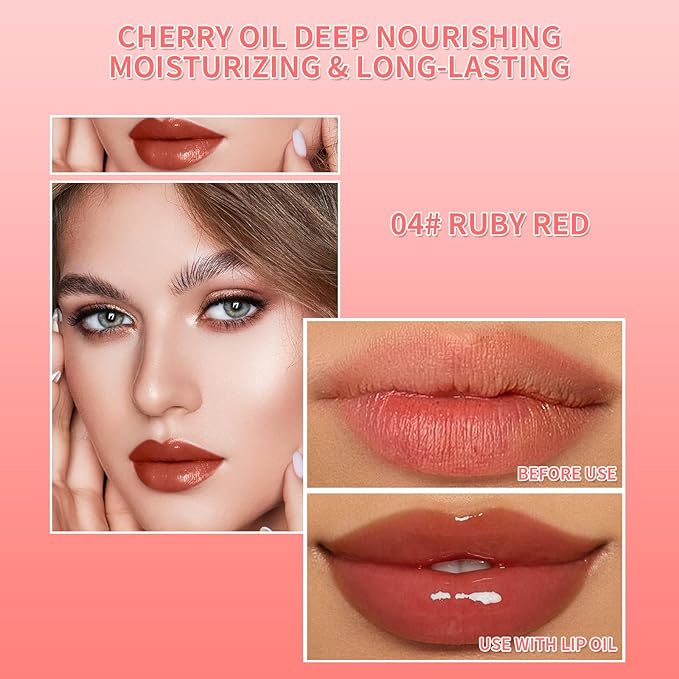 Hydrating Lip Glow Oil Long-Lasting Nourishing Lip Gloss Moisturizing Non-Sticky Plumping Lip Stain Tinted Cherry Oil Lip Care (Ruby Red)