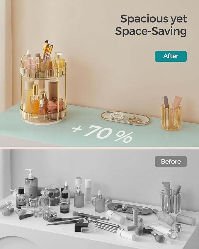 SONGMICS Makeup Organizer, 2-Tier Round Rotating Skincare Organizer Countertop, Customizable, Toiletries Vanity Organizer, Lazy Susan, Gift, Champagne Gold UJKA012A01