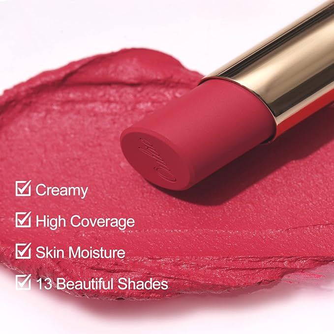 Oulac Pinky Red Creamy Matte Lipstick, Soft Satin Finish Lipsticks for Women with Moisturising Formula, Rich Color, Highly Pigmented Enriched with Rose Oil, Vegan & Cruelty-Free| 3.6g (Y04)