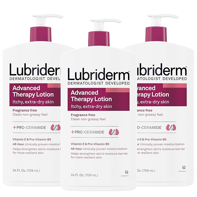 Lubriderm Advanced Therapy Fragrance-Free Moisturizing Lotion with Vitamins E and Pro-Vitamin B5, Intense Hydration for Extra Dry Skin, Non-Greasy Formula, Pack of Three, 3 x 24 fl. oz