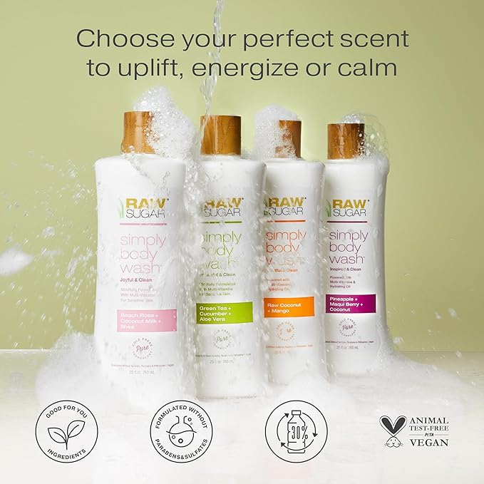 RAW SUGAR Simply Body Wash, Beach Rose + Coconut Milk + Shea (25 Fl Oz, Pack of 1) Sensitive Skin Bath Soap, Formulated without Sulfates & Parabens