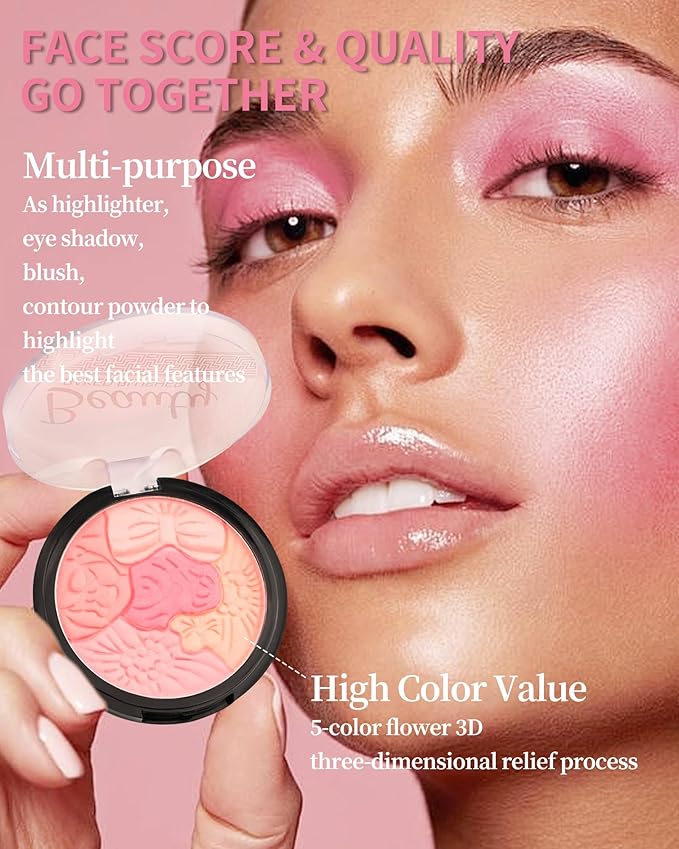 Flower Blush for Cheeks, Matte Shimmer Face Blush Powder,Contour Multiuse Facial Make up Palette,Long Lasting Waterproof Embossed Blusher,Mother's Day Makeup Gift for Women-01#Sakura Pink