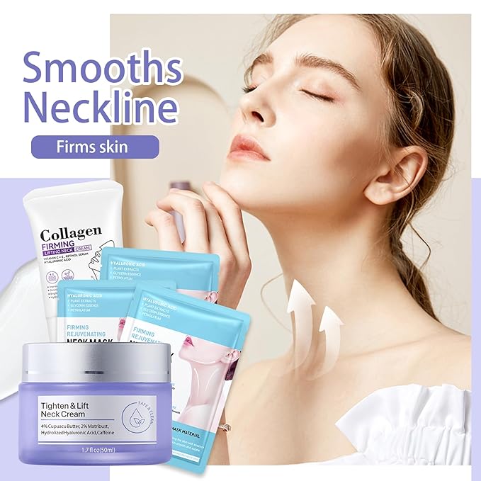 2PCS Neck Firming Cream and Neck Mask Set,Non-greasy Tighten Lift Firming Face Cream Skincare Moisturizer, 3 Pieces Deep Moisturizing Masks for Tightening, All Skin Type, 5 Pack