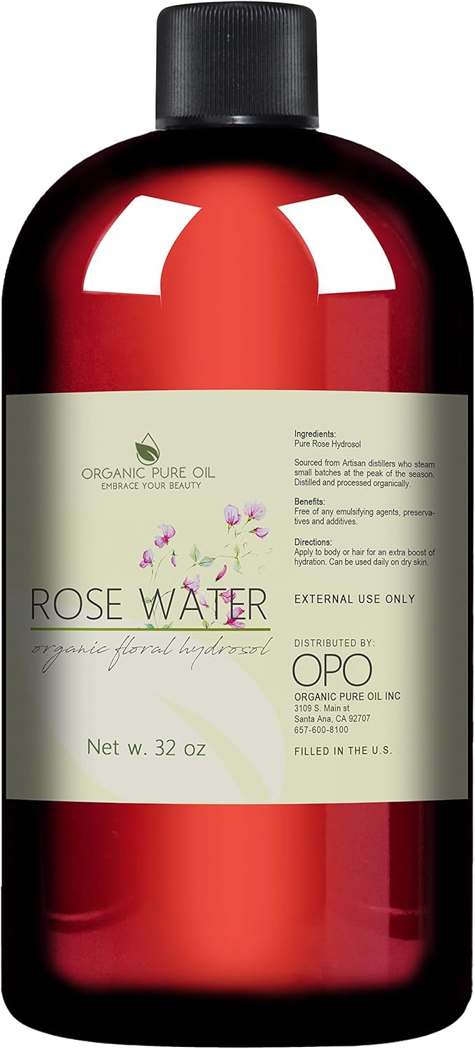 32 oz Rose Hydrosol Water β 100% Pure Rosewater Spray Mist Bulk β Hydrating Face Toner Rose Water for Skin and Hair Linen Spray for Sheets Room Freshener Body Spray Refill by Organic Pure Oil