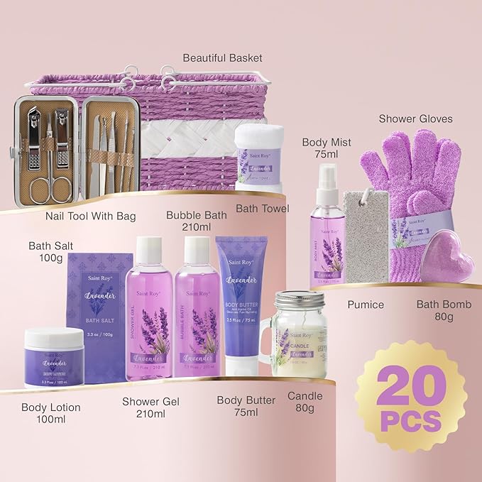 Mother's Day Gift for Mom Spa Gift Baskets for Women Bath lavender gifts spa gift set Basket For Women & Men, Luxury Self Care Home Spa Kit Lavender Bath Gift Basket 20Pcs Bath Gift Set