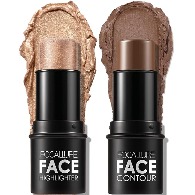 FOCALLURE 2 Pcs Mineral Cream Contour Stick,Moisturize Highlighter Illuminator Makeup,Medium-deep