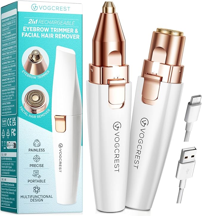 Rechargeable Eyebrow and Facial Hair Remover for Women - 2 in 1 Razor with Built-in LED Light for Painless Hair Removal