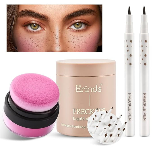 Erinde Natural Freckle Blush Makeup Kit - Liquid Freckle Pen & Fake Freckles Stamp Air Cushion & Powder Cushion Blush, Long Lasting Waterproof Freckles Tattoo Marker for Natural Sunkissed Makeup