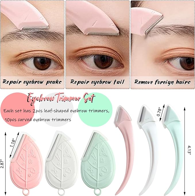 ONEUPIN 12PCS Eyebrow Trimmer Set Stainless Steel Leaves Curved Eyebrow Razor Trimmer Facial Shaver Razor Brow Shaper Suitable for Any Skin Type Hair Removal Accessories for Men Women(Pink)