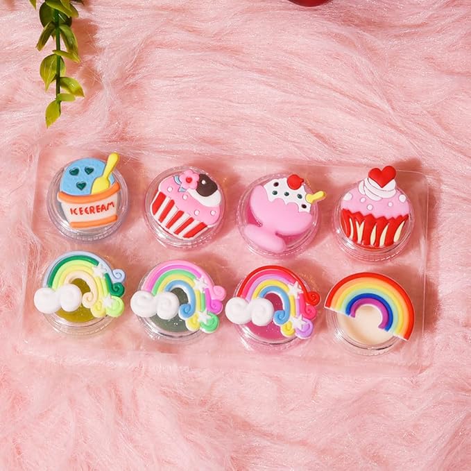 8PCS Cute Lip Gloss for Girls, Party Favors Lip Balm Set for Kids, Assorted Fruity Flavors Cute Cupcake of Rainbow Designs Birthday Gift