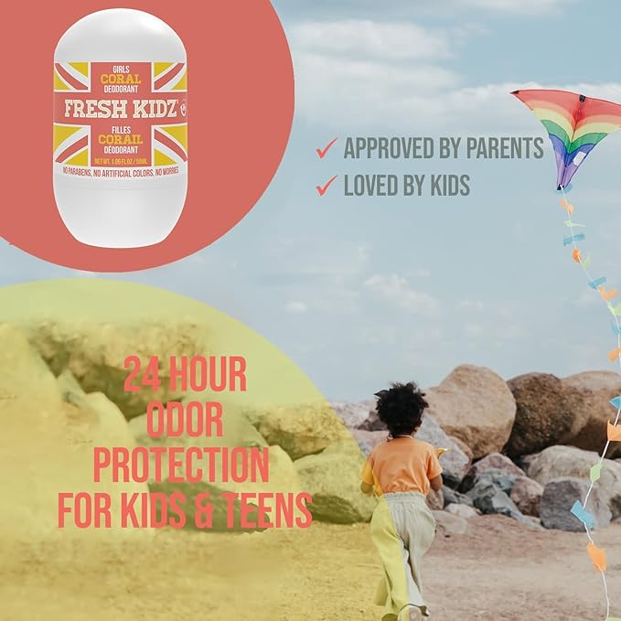 Fresh Kidz Body Wash 16.9 fl.oz. and 2 Roll-On Deodorants 1.86 fl.oz. for Kids and Teens - Girls Coral Set