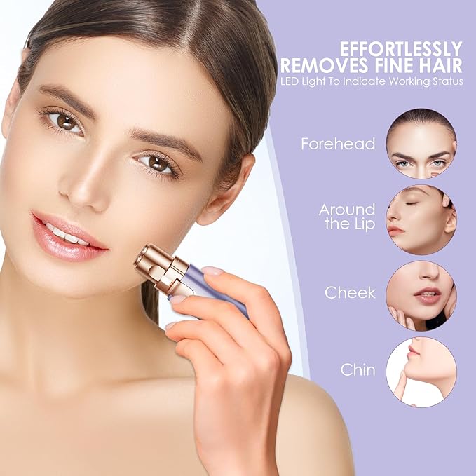 Eyebrow Facial Trimmer: 2 in1 Rechargeable Facial Hair Removal and Eyebrow Shaver - Face Lips Body Painless Facial Razor with Built-in LED Light (Solar Purple)