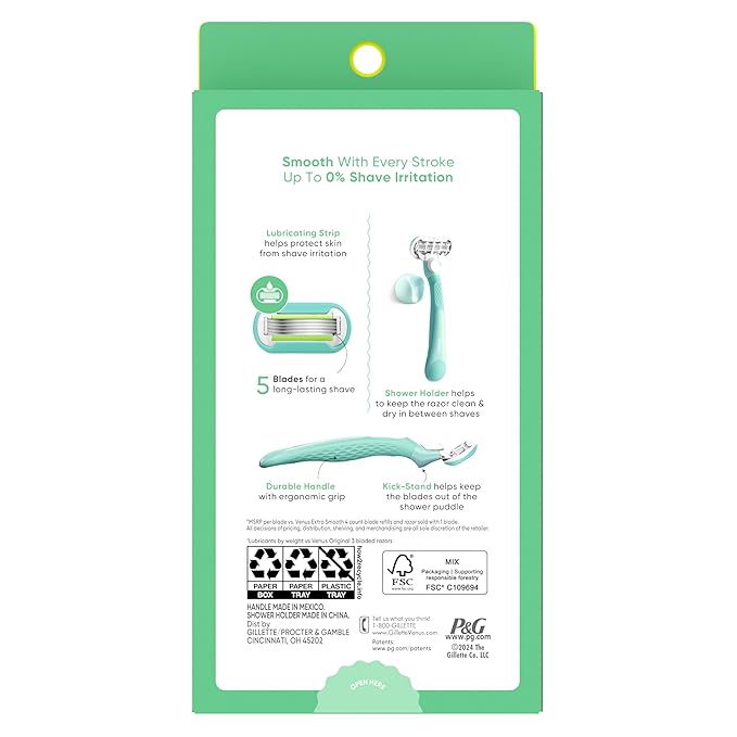 Gillette Venus Extra Smooth Razor for Women, Includes 1 Reusable Razor Handle + 4 Refills, 5-Bladed, Ergonomic No-Slip Gel Handle and Shower Holder