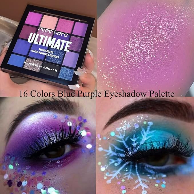 Purple & Blue Eyeshadow - 16 Color Glitter & Matte Eyeshadow Palette, Korean Makeup, Waterproof & Bright Colours