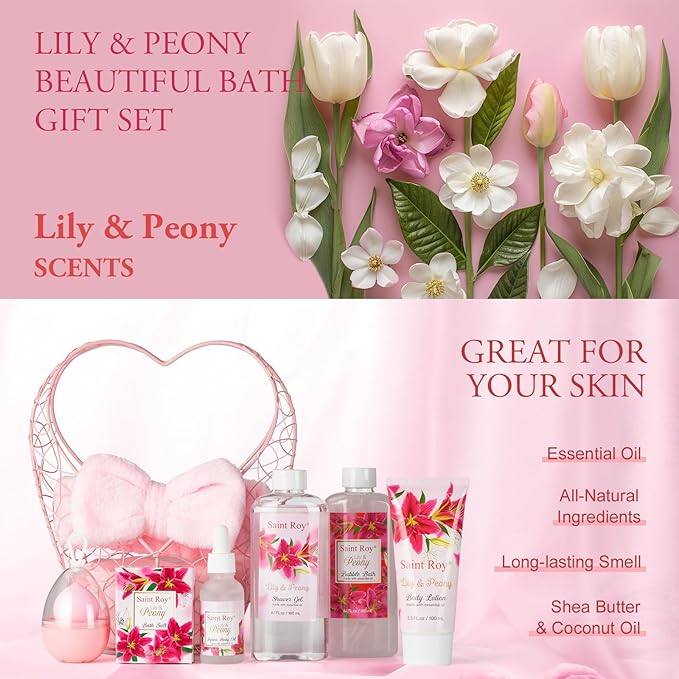 Gift Basket For Women, Mother's Day Gift for Mom Spa Set Lily & Peony Home Spa Set, Beauty Personal Care Set Jojoba Oil, Spa Self Care Kit, Bath Body For Thank You, Birthday, Mom, Anniversary Gift