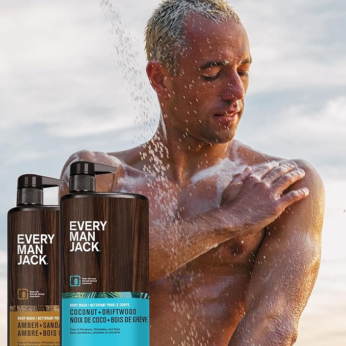 Every Man Jack Coconut + Driftwood & Amber + Sandalwood Mens Body Wash for All Skin Types - Cleanse, Hydrate, and Smell Great - Free of Parabens, Phtalates, and Dyes - 33.8 fl oz (2 Pack)