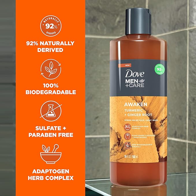 DOVE MEN + CARE Face + Body Wash For Men Awaken Turmeric + Ginger Root 18 oz 4 Count
