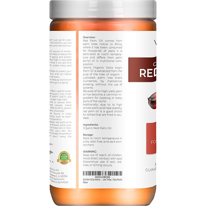velona USDA Certified Organic Red Palm Oil 64 Fl Oz | Food and Cosmetic Grade | in jar | Extra Virgin, Cold Pressed | Skin, Face, Body, Hair Care | Use Today - Enjoy Results