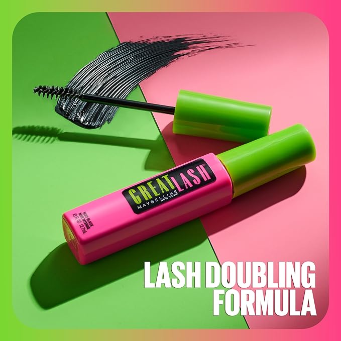 Maybelline Great Lash Washable Mascara Makeup, Volumizing Lash-Doubling Formula That Conditions As It Thickens, Blackest Black, 2 Count