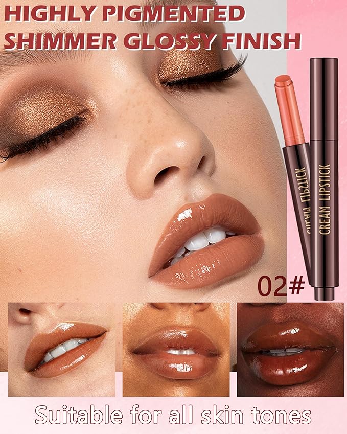 Hydrating Shimmer Lipstick,Moisturizing Jelly Lip Gloss,Nude Brown Lipstick Pen,Long Lasting Waterproof Tint Lip Balm Plumping Lip Stain Pen,Women's Day Makeup Gift for Women Girl-02#
