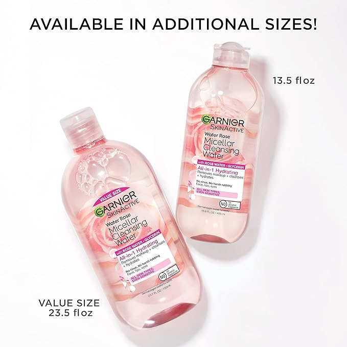 Garnier Micellar Water with Rose Water and Glycerin, Hydrating Facial Cleanser & Makeup Remover, For All Skin Types, Vegan, Cruelty Free, 13.5 Fl Oz (400mL), 2 Count