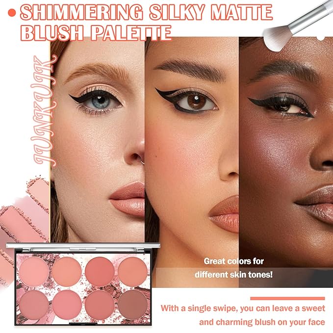 8 Colors Blush Palette,Shimmer Silky Matte Blush Powder