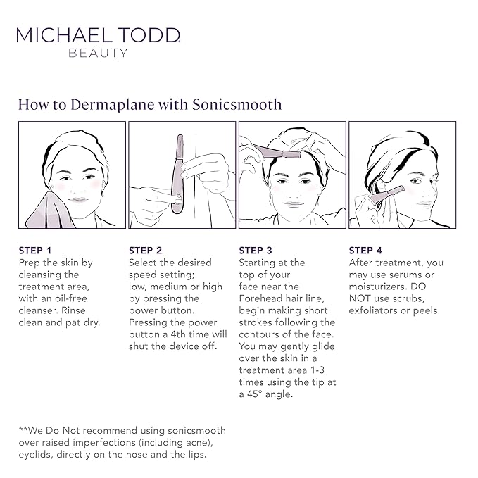 Michael Todd Beauty Sonicsmooth Dermaplane Razor for Women Face + Eyebrow trimmer Dermaplaning System - Peach Fuzz Remover - 8 Weeks of Dermaplaning Blades