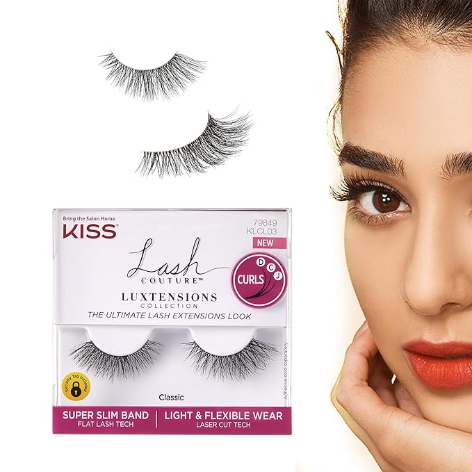 KISS Lash Couture LuXtensions Collection False Eyelashes, Flat Lash Technology, Super Slim Lash Band, Real Lash Extension Fibers, Reusable, Contact Lens Friendly Strip Lashes, Style Classic, 1 Pair