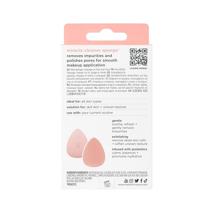 Real Techniques Miracle Cleansing Sponge, Skincare Facial Cleansing Tool with Probiotics, Exfoliate & Deep Cleans Pores, Dual Sided, Gentle on Skin, Cruelty Free, 1 Count