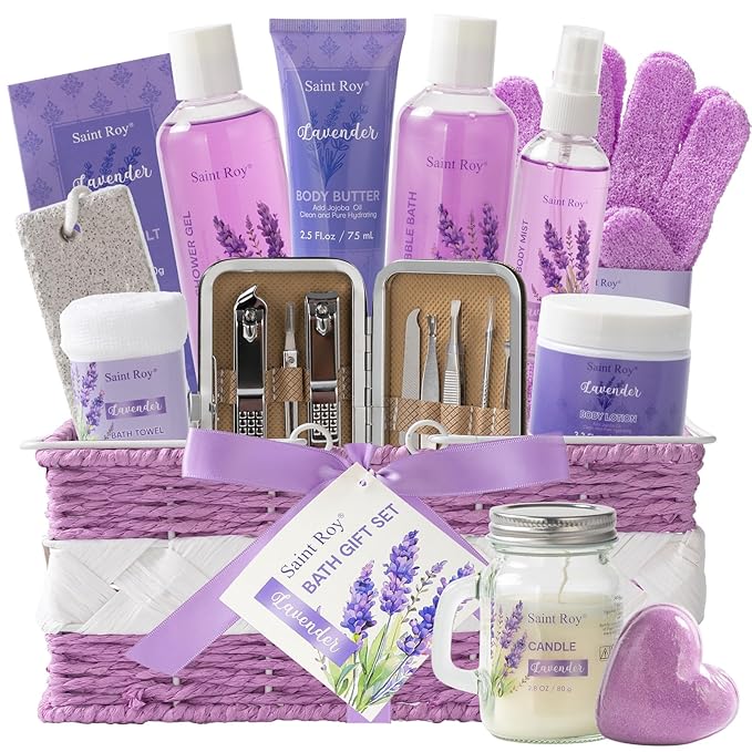 Mother's Day Gift for Mom Spa Gift Baskets for Women Bath lavender gifts spa gift set Basket For Women & Men, Luxury Self Care Home Spa Kit Lavender Bath Gift Basket 20Pcs Bath Gift Set