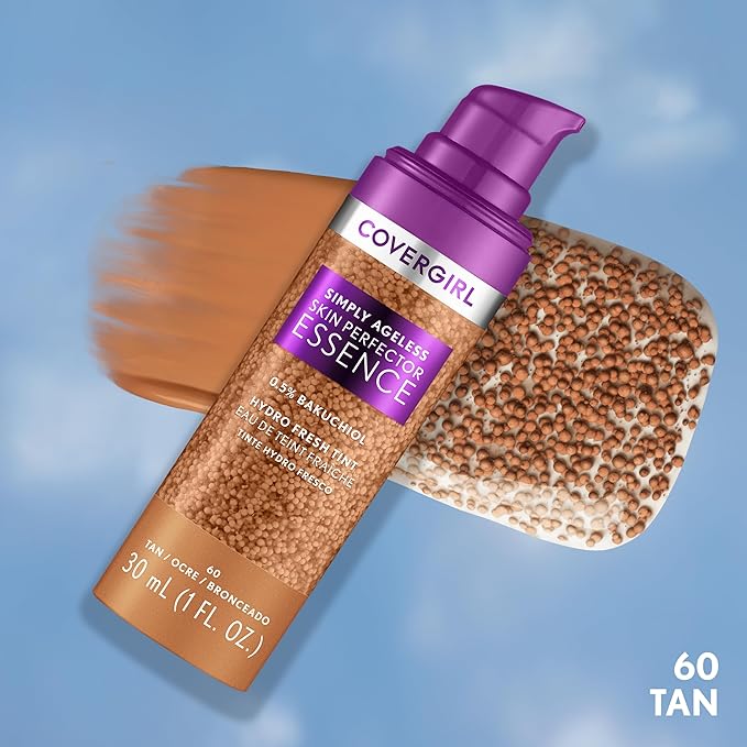 Covergirl Simply Ageless Skin Perfector Essence Foundation, 60 Tan, Tinted Skin Perfector, Skincare Makeup Hybrid, Sheer Tint, Radiant Finish, Skin-Like Finish, Vegan Formula, 1.0oz