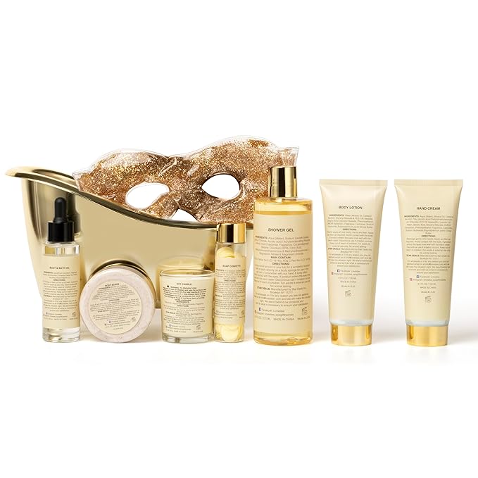 Mothers Day Gifts, Spa Basket for Women, Vanilla Bath & Body Set, Christmas & Birthday Gift, Includes Shower Gel, Body Lotion, Hand Cream, Body Scrub, Message Oil, Candle, Eye Mask, Confetti