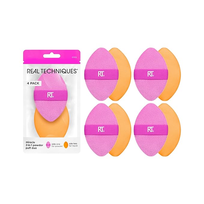 Real Techniques Miracle 2-In-1 Powder Puff 4 Pack, Dual-Sided, Full Size Makeup Blending Puff, Reversible Elastic Band, Makeup Sponge & Powder Puff, For Liquid, Cream & Powder Products, Cruelty-Free