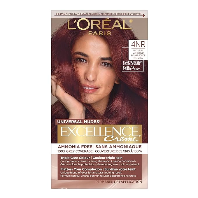 L’Oreal Paris Excellence Universal Nudes Permanent Hair Color, Ammonia Free Hair Dye for Gray Hair Coverage, 4NR Natural Dark Red, 1 Hair Dye Kit