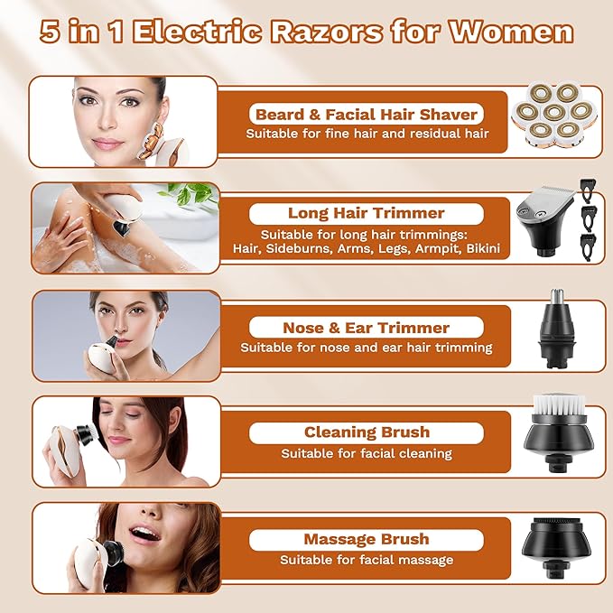 Electric Razors for Women, 7D Electric Shaver for Women, 5 in 1 Lady Shavers, Wet/Dry Bikini Trimmer, Rechargeable Facial Hair Removal, Painless Face Razor for Arms Legs Armpit Pubic Area