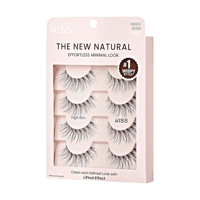 KISS The New Natural, False Eyelashes, 'Wide Slacks', 12 mm, Includes 4 Pairs Of Lashes, Contact Lens Friendly, Easy to Apply, Reusable Strip Lashes