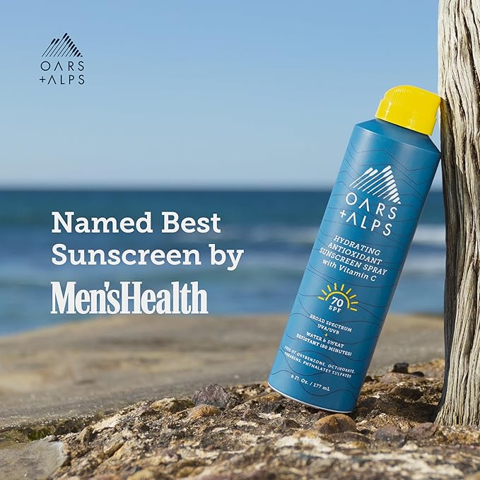 Oars + Alps Sunscreen Spray for Face & Body, SPF 70 Spray Sunscreen Infused with Vitamin C & Antioxidants, No White Residue, Water & Sweat Resistant, All Skin Types, Lightweight, Hydrating, 6oz, 2pk