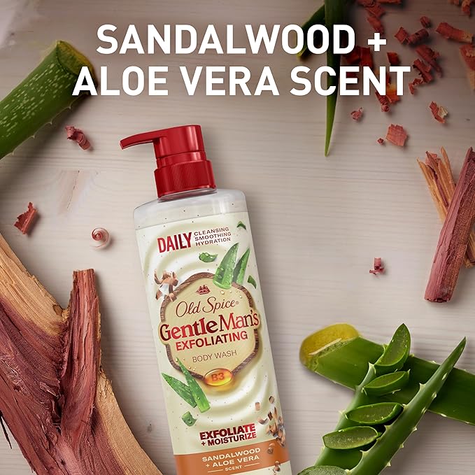 Old Spice GentleMan's Exfoliating & Moisturizing Body Wash for Men, 24/7 Shower Fresh with Long Lasting Scent, Renewing Vitamin B3 Blend, Sandalwood + Aloe Vera Scent, 18 oz
