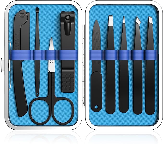 Yougai Tweezers Set and Nail Clipper, Tweezers Set for Men/Women, 9PCS Professional Stainless Steel Tweezers Kit with Leather Travel Case