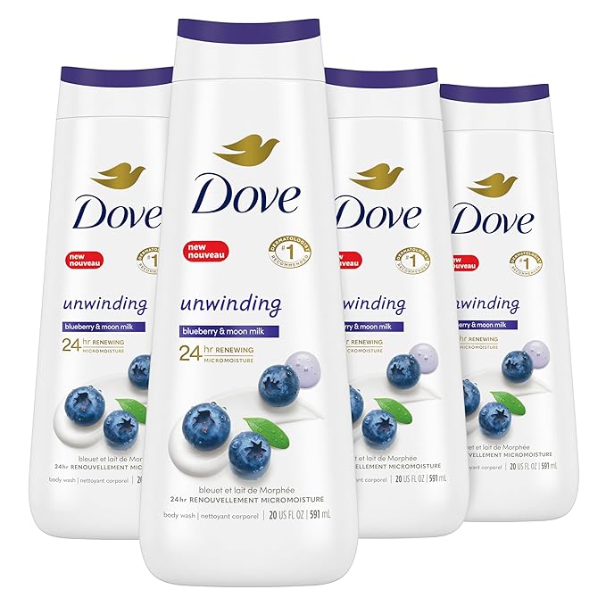Dove Body Wash Unwinding Blueberry & Moon Milk, 4 Count for Renewed, Healthy Looking Skin, Moisturizing Gentle Skin Cleanser with 24hr Renewing MicroMoisture, 20 oz