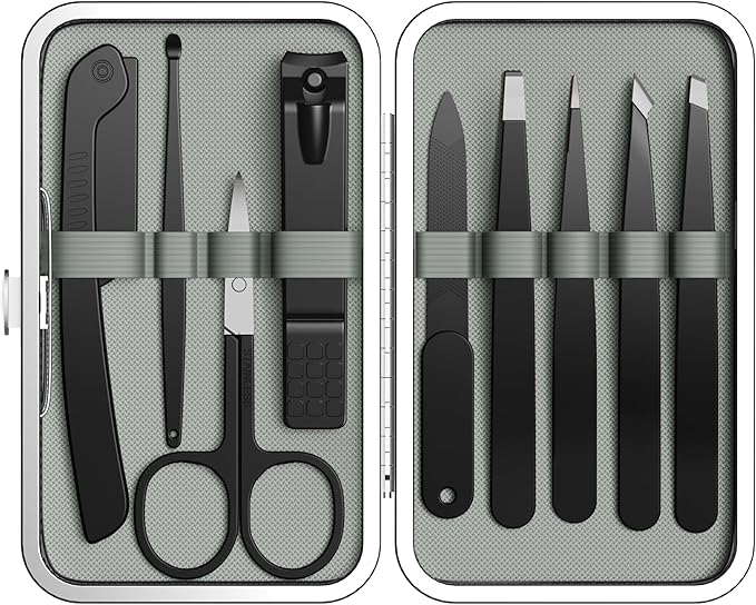 Yougai Tweezers Set, 9 Pcs Tweezers and Nail Clippers Kit for Facial Hair Women with Travel Case, Professional Stainless Steel Eyebrow Tweezer Kit Great Precision Tweezers for Daily Beauty Tool