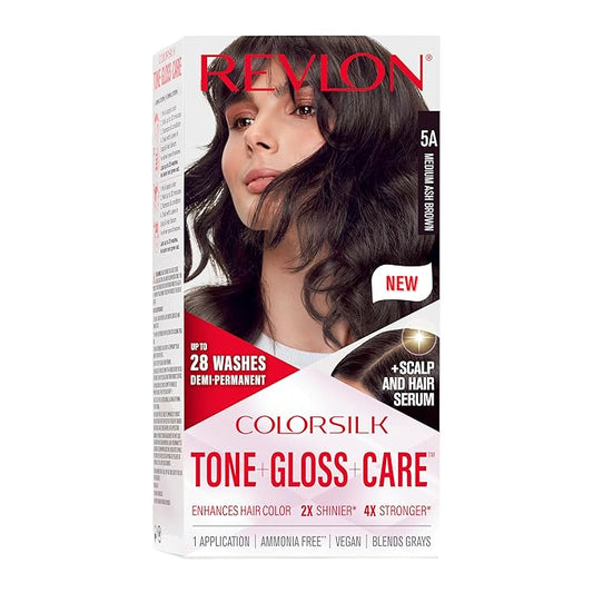 Revlon ColorSilk Tone + Gloss + Care Demi Permanent Hair Color, Dye Kit with Leave-In Scalp and Haircare Serum, 2x Shinier, 4x Stronger, 5A Medium Ash Brown, 4.5 fl oz