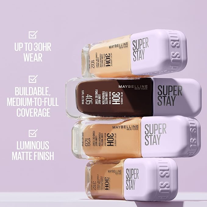 Maybelline Super Stay Lumi-Matte Foundation, Lightweight and Buildable Full Coverage Foundation Makeup For Up To 30HR Wear, 322, 1 Count