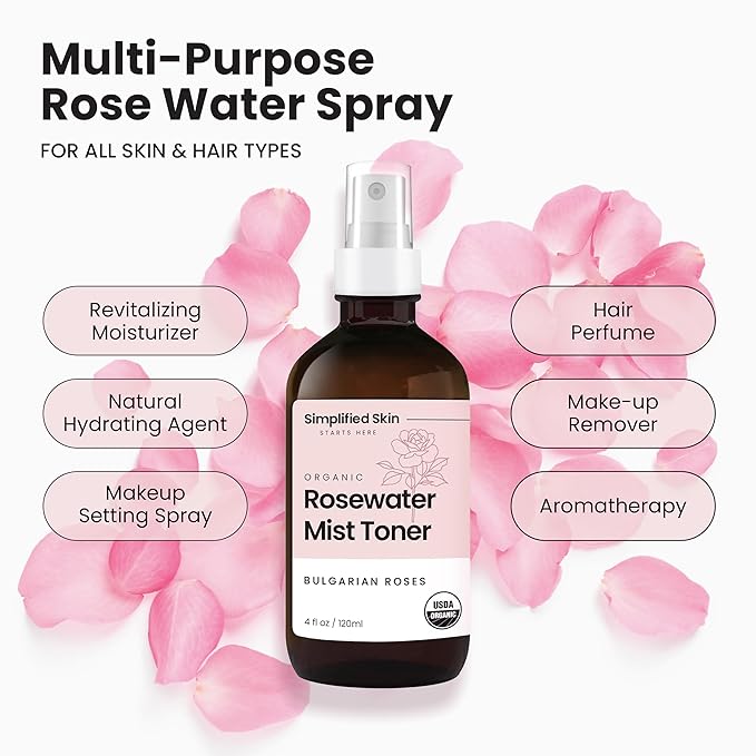 Rose Water Spray for Face & Hair - Organic USDA Certified Rosewater Facial Toner - Alcohol-Free Makeup Setting Hydrating Face Mist - Anti-Aging Toner Spray - 4 Oz