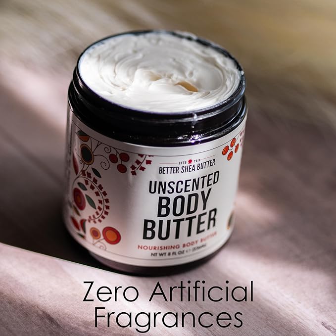 Whipped Body Butter for Dry Skin, UNSCENTED Rich Body Moisturizer with Raw Shea Butter | Body Lotion for Sensitive Skin, Paraben Free, No Synthetic Fragrances, Non Greasy Body Cream | 8 oz