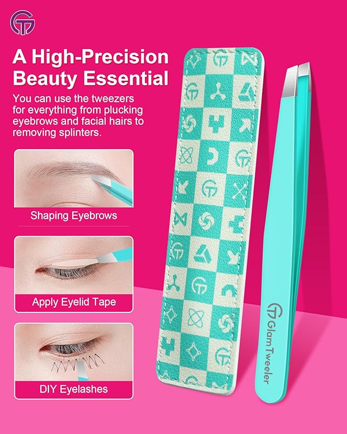 Expert Eyebrow Hair Removal Tweezer with Leather Case, GlamTweeler High Precision Slant Tip Stainless Steel Tweezers for Men and Women (Robin's Egg Blue)