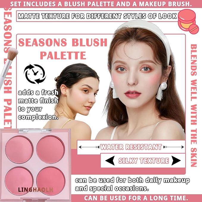 4 Colors Blush Palette for Cheeks,Face Matte Contour Brush 01