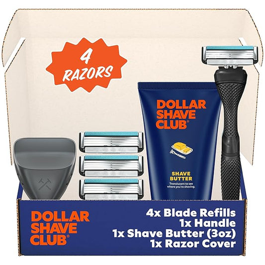 Dollar Shave Club | The Member Exclusive Shave Set | 4 Swift Rinse Refill Cartridges, 1 Handle (Black), 1 Shave Butter 3 ounce, 1 Razor Cover