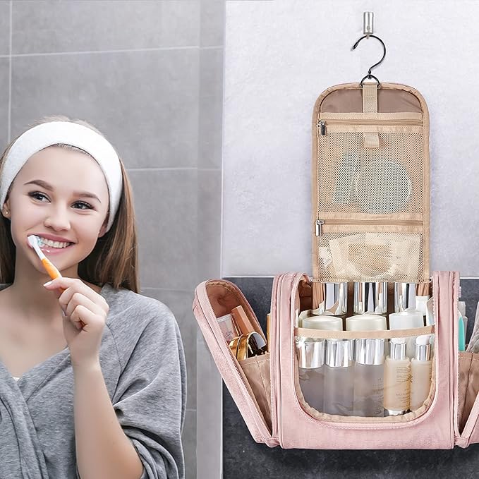 BAGSMART Toiletry Bag for Women, Travel Toiletry Organizer with hanging hook, Water-resistant Cosmetic Makeup Bag Travel Organizer for Shampoo, Full-size Container, Toiletries, Pink-Medium