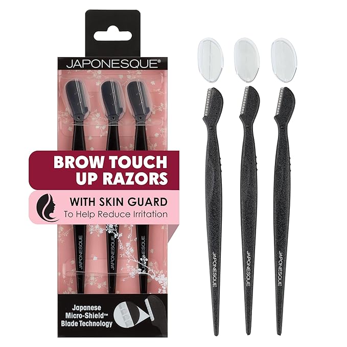 Japonesque Brow Touch Up Razors with Ultra-Sharp Stainless Steel Blades, for Removal of Unwanted Facial Hair and Peach Fuzz, Protective Blade Cover for Safe Storage Included